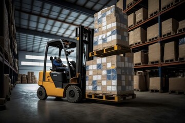 a forklift performing tasks of stacking and distribution of boxes and merchandise in an industrial warehouse