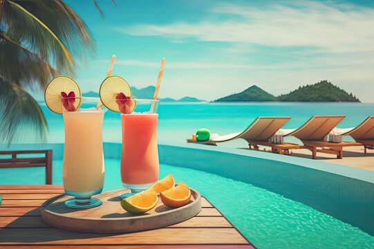 Cocktails by poolside with beach view. Sun loungers, towels, Pina coladas, fruit. Copy space. Photo generative AI