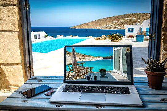 Laptop on Terrace with Sea View. Photo generative AI