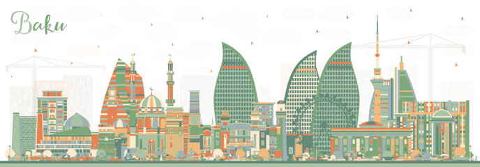 Baku Azerbaijan City Skyline with Color Buildings. Vector Illustration. Baku Cityscape with Landmarks.