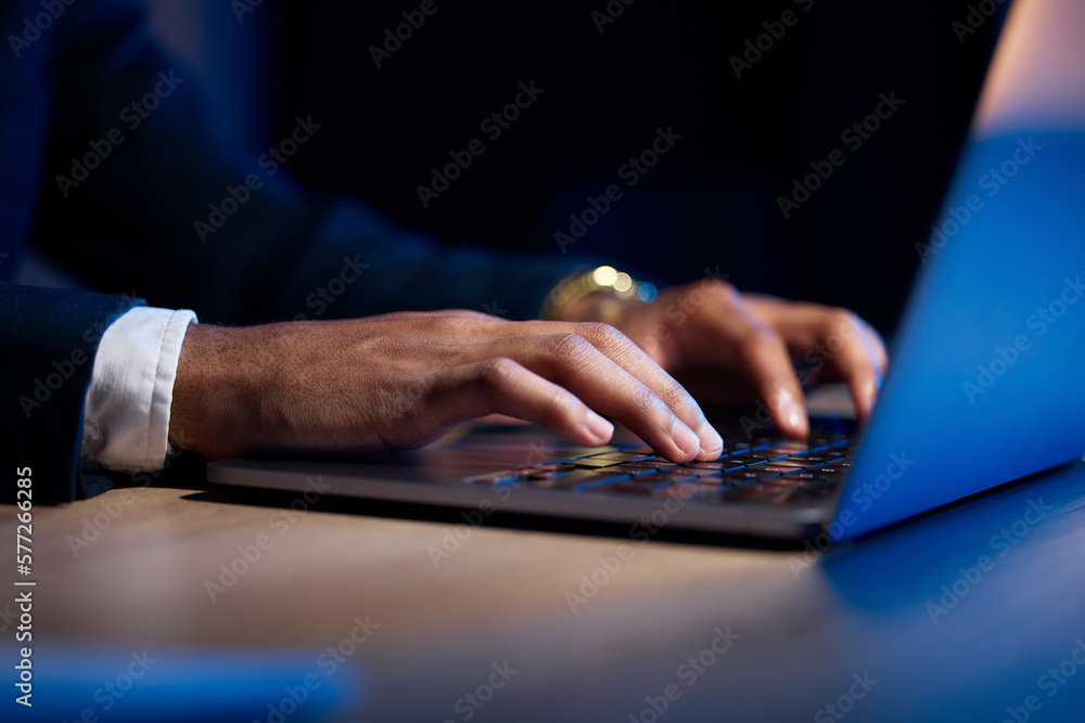Aufkleber Hands, laptop and typing with business man, coding or writing report, information technology and data analysis. Email, networking and research with programmer and software upgrade with digital update