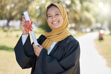 Graduation portrait, university and muslim woman with certificate for education, learning success...
