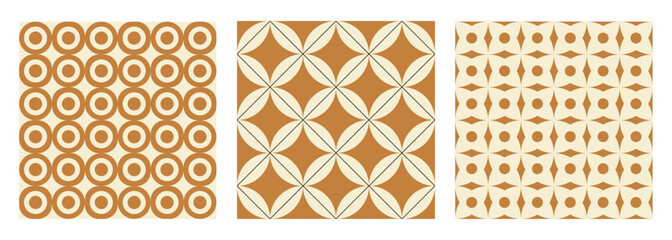 Trendy aesthetic retro set geometric seamless patterns. Modern abstract background. Mustard and  beige colors. Vector illustration