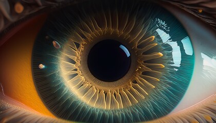 Beautiful brown human eye macro background with black pupil. Generative AI technology.