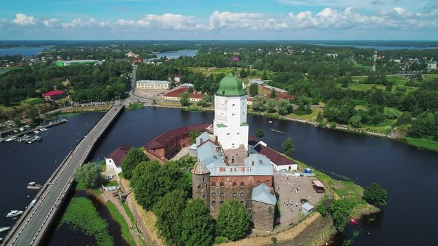 Aerial view of a medieval Swedish castle fortress in Vyborg old town. Amazing panoramic cityscape.