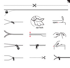A set of icons for zippers and scissors. Set for package, shows the place of opening. EPS10.