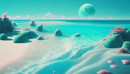 Naklejka na ściany i meble Fantasy beach coast landscape with planet background. Generative AI technology. 