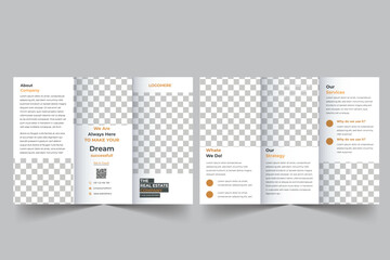 Real estate business trifold brochure template. Modern, Creative and Professional tri fold brochure vector design. Simple and minimalist promotion Design