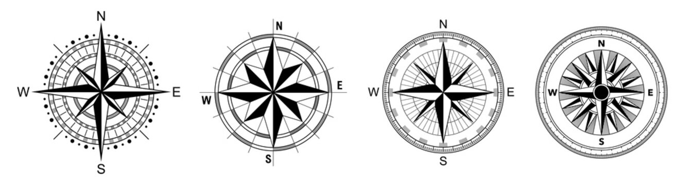 Navigational compass with cardinal directions of North, East, South, West. Geographical position. Vector illustration set.