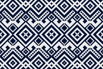 Blue and white geometric ethnic seamless pattern design for wallpaper, background, fabric, curtain, carpet, clothing, and wrapping.