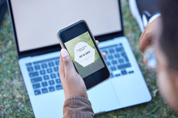 Hands, phone and laptop mockup screen for discount, sale or advertising announcement and news...