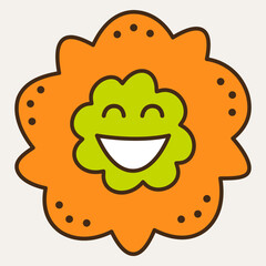 Smiling flower, abstract personage, mascot design, funny face, cute icon.