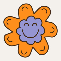 Smiling flower, abstract personage, mascot design, funny face, cute icon.