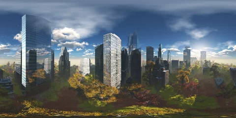 Fototapeten skyscrapers in an autumn park. HDRI, environment map , Round panorama, spherical panorama, equidistant projection, panorama 360, cityscape, 3d rendering © ustas