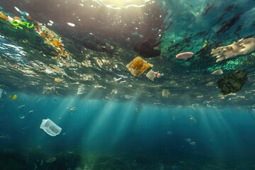 Underwater photo of plastic garbage floating in the ocean