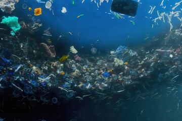 Fototapeta na wymiar Underwater photo of plastic garbage floating in the ocean