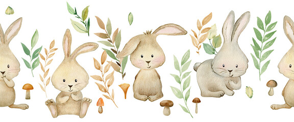 Watercolor cute seamless border with bunnies. Hand drawn illustration for fabric, wrapping paper, etc.