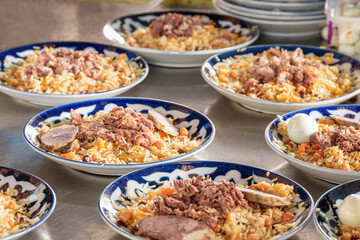 Fresh cooked wedding Uzbek plov in Tashkent, Uzbekistan