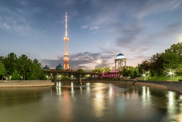 Evening view of Tashkent TV Tower and rotunda in Uzbekistan