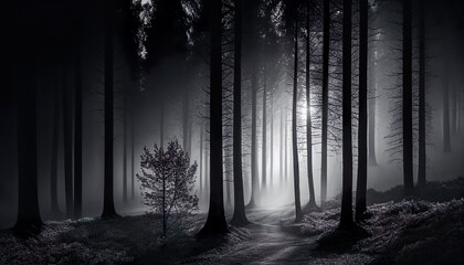 Fototapeta premium Mystical Forest with Misty Surroundings and Tall Trees, Black and White