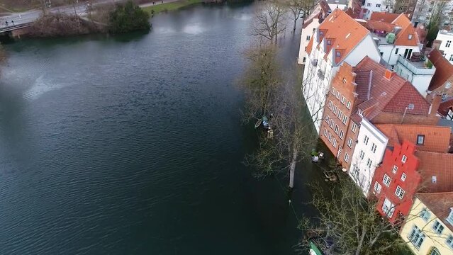 Drone flight over floods in Luebeck Germany