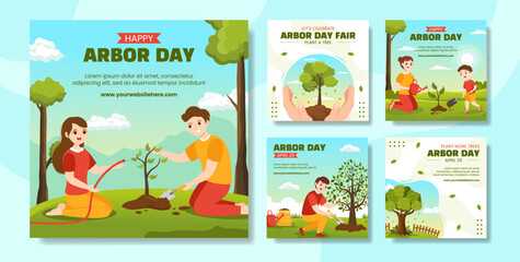 Happy Arbor Day Social Media Post Flat Cartoon Hand Drawn Templates Background Illustration