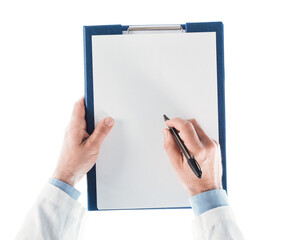 Doctor writing a prescription on a clipboard