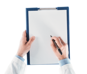 Doctor writing a prescription on a clipboard