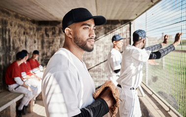 Baseball, sports and man with team in stadium watching games, practice match and competition on field. Fitness, teamwork and male athlete in dugout waiting for exercise, training and sport workout - Powered by Adobe