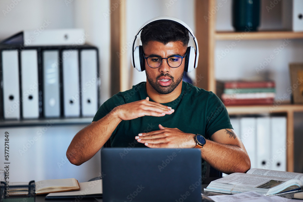 Poster Man, office and video call with hands, size and explaining for webinar, online workshop or learning. Gen z student guy, studying and books for education with laptop, headphones and digital classroom