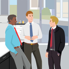 Colleagues in office flat vector illustration. Coworkers relaxing, chatting cartoon characters. Corporate worker, business people communicate in the office kitchen