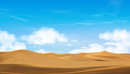 Fototapeta na wymiar Blue sky with fluffy cloud and Desert landscape with Sand Dunes in hot Sunny day Summer,Vector Panorama Beautiful nature with Brown sand in Morning Spring,Concept for Travel or Spring,Summer Promotion