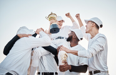 Baseball team, trophy win and men with award from teamwork, game and fitness. Winner, diversity and...