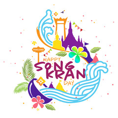 concept of thailand water festival fun, songkran day logo design template 