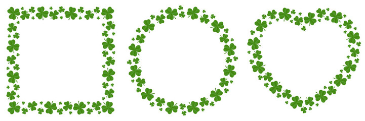 Set of made of shamrocks. Frames of different shapes: square, round, heart