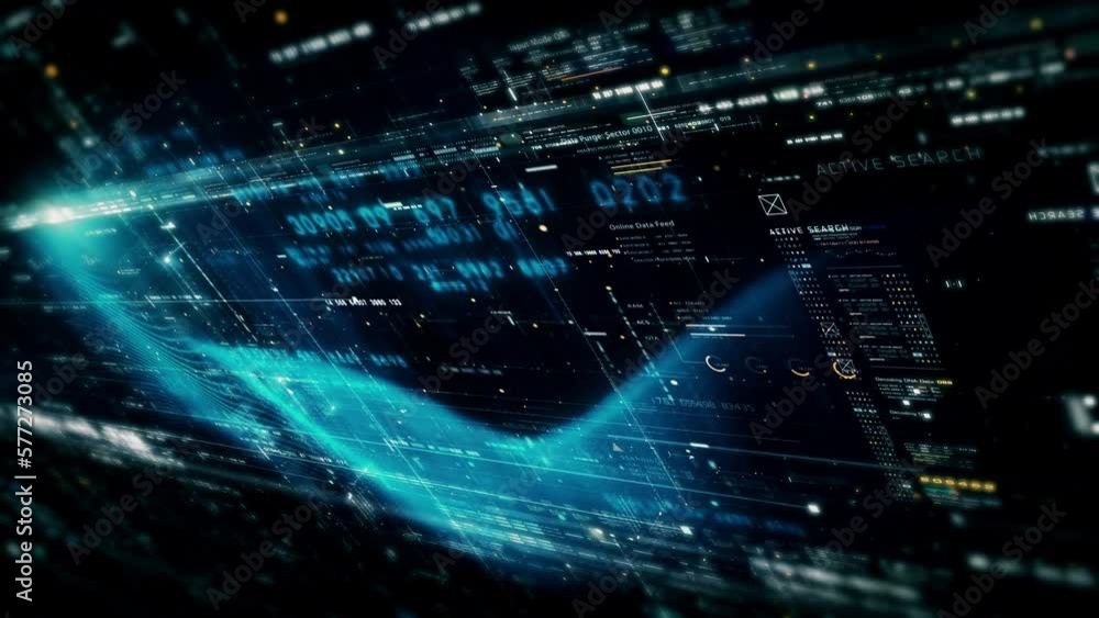 Poster Futuristic digital generated motion abstract matrix cyber environment big data analytic artificial intelligent metaverse simulation, head up display background