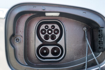 The electricity charging socket with AC type 2 and DC CSS2 of the ev car, technology of the...