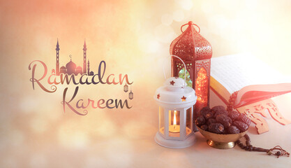 Ramadan Kareem Greetings banner Design 2023, Beautiful creative Eid Mubarak Background Traditional Lantern lamp and Dates with Quran, Islamic concept image
