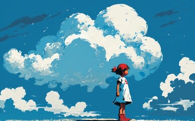 Small girl on blue sky background. Generative AI technology.