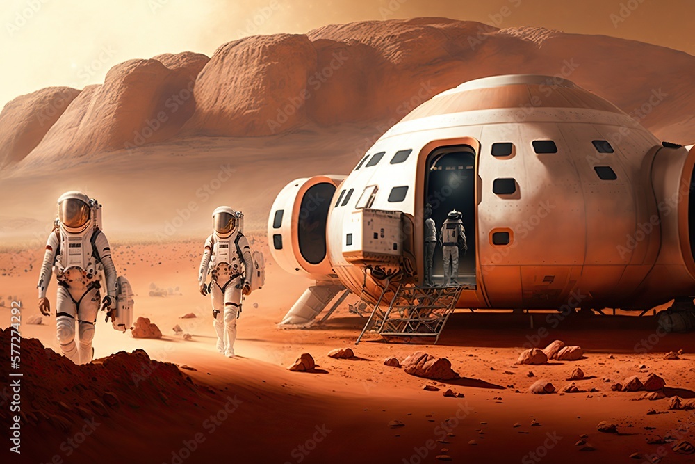 Wall mural future mission to mars, concept of astronauts and exploration, created with generative ai technology