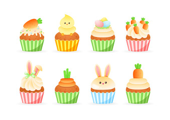 
Set of cute Easter cupcake icons. Cute illustrations of funny sweet muffins with kids decor isolated on a white background. Vector 10 EPS.