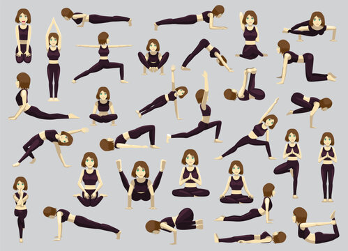 Manga Yoga Woman Poses Characters Cartoon Vector