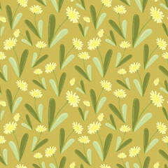 Vector seamless pattern with primroses and spring flowers dandelion. The work is done in delicate pastel colors, suitable for any of your designs and decorations. For textile, fabric, wallpaper, cards