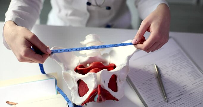 Gynecologist measures pelvic bones with tape closeup