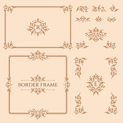 Set of decorative frames, borders, corners and monograms.  Graphic design page. Ornamental pattern.
