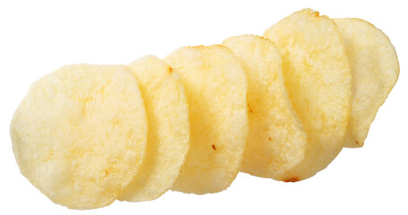 Potato chips isolated on white background, top view.