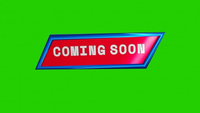 Coming soon 3d. Word ''coming soon'' three-dimensional parallelogram shape, red surface and blue frame, green background