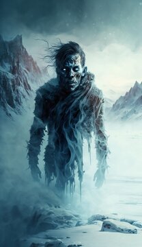 Ice Zombie in an Arctic Environment Walking Toward the Viewer Generative AI