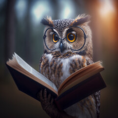 Owl reading a book and wearing eye glasses generated using AI technology
