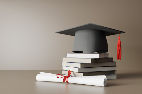 Graduation caps and diplomas on stacked books, 3d rendering